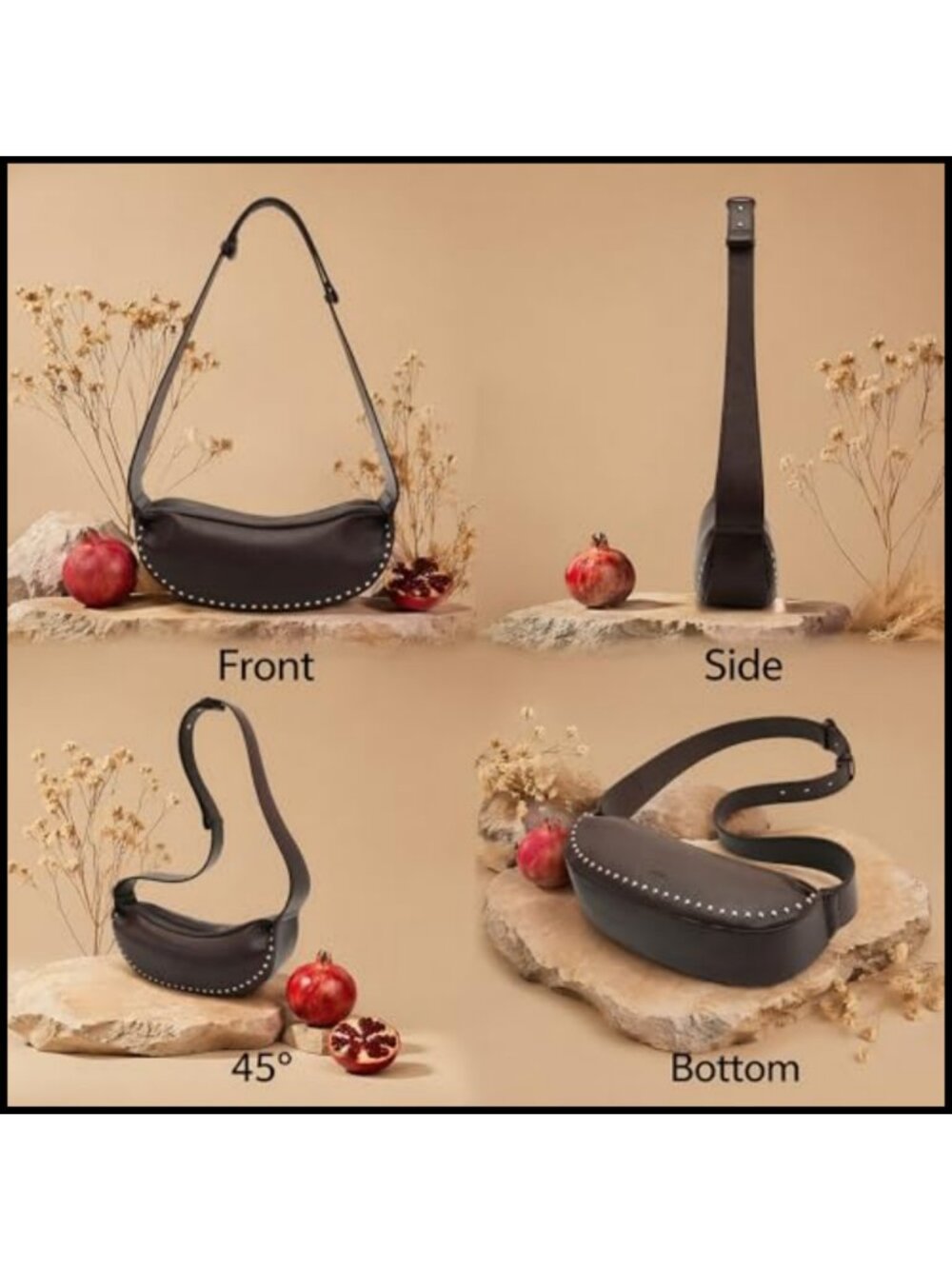 PU Leather Crescent Crossbody Bag Small Studded Sling Purse Adjustable Strap - Picture 5 of 5